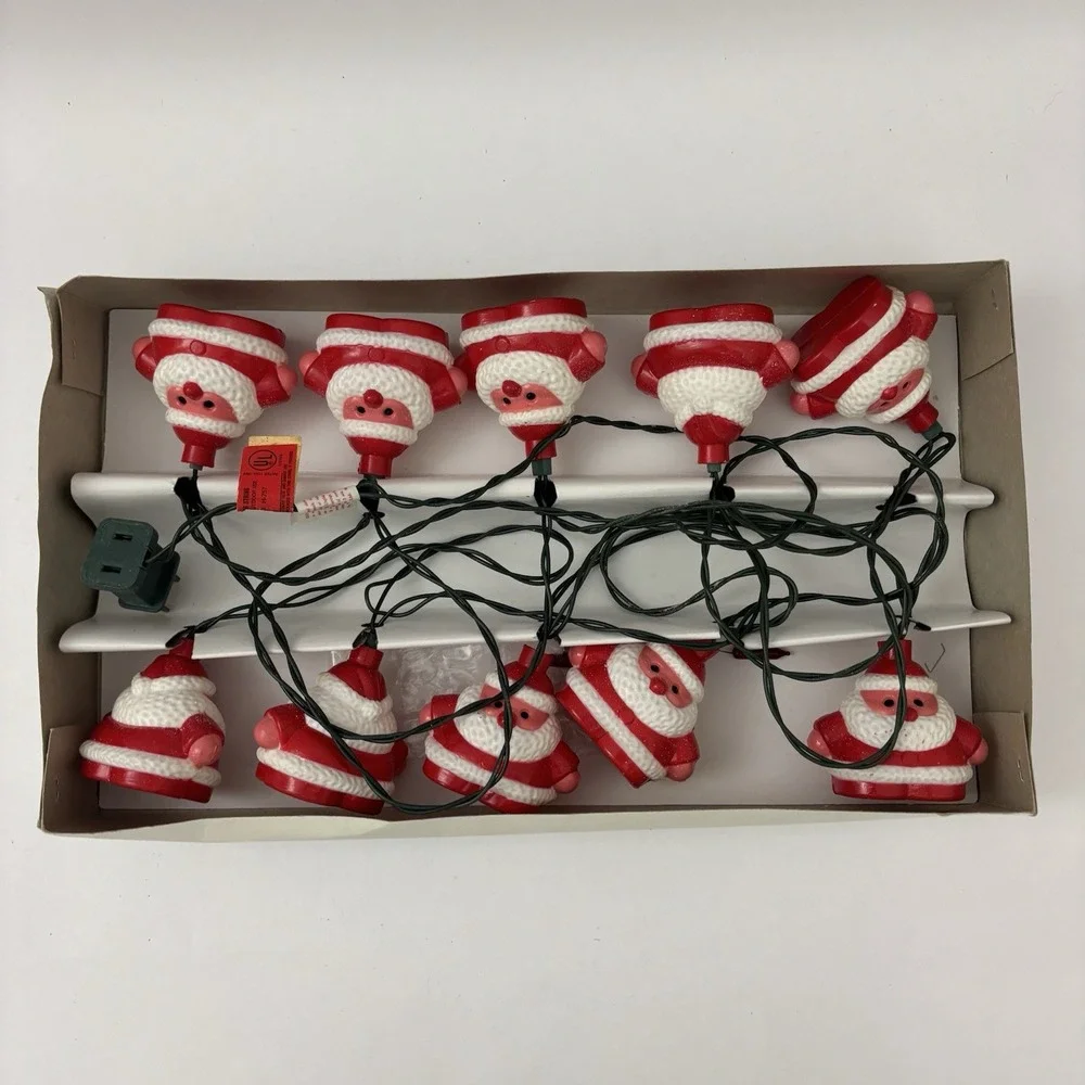 Vintage Santa Claus Blow Mold String Lights (10) In Box WORK Christmas Decor